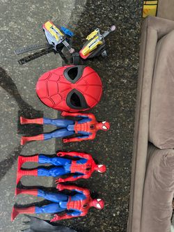 Spiderman toys, elephant pillow, abacus