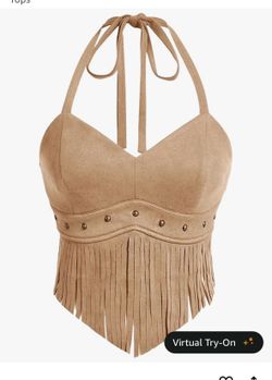 Suede tan halter top with fringe