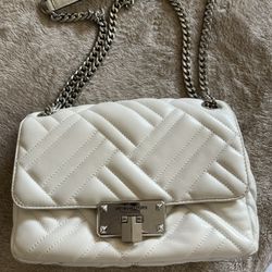 Michael Kors White And Silver Chain Quilted Chain Crossbody Bag