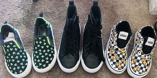 Set of 3 Minecraft Slip-Ons, Vans Party Pizza Shoes , Cat&Jack Blk Leather Shoes All Size US Youth 13
