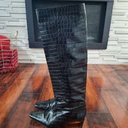 Staud "Wally Boot" Black Croc-Embossed Knee-High Boots, Size 39.5 US 9.5