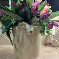 Handcrafted Ceramic Glazed Bunny Vase w/Flower Arrangement