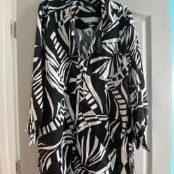 Tahari Vacation Linen Print Maxi Shirt Dress Size Large Black and White Pattern Abstract Print Stretch Tunic  Material: Linen/Rayon Made in Cambodia