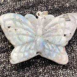 Hand Carved Labradorite Butterfly Necklace W/ 14 Inch Silver Chain