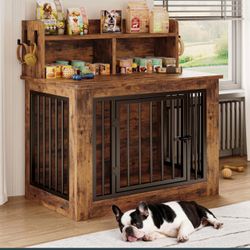 Heavy Duty Wooden Dog Crate Furniture w/ Storage Shelf & Hooks – Rustic Brown