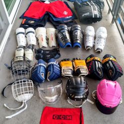 HOCKEY PLAYER EQUIPMENT GALORE!!! Too Many Vintage Classic Treasures To List! Helmets, Shoulder Pads, Shin Pads, Player Gloves, Player Pants, Etc!😍