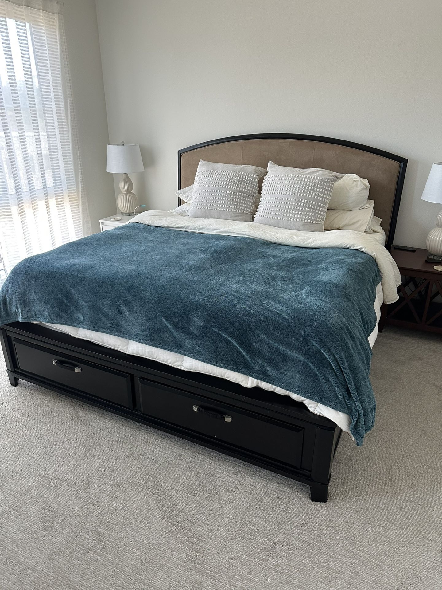 King Size Platform Bed – Black Wood, Storage Drawers, Padded Headboard