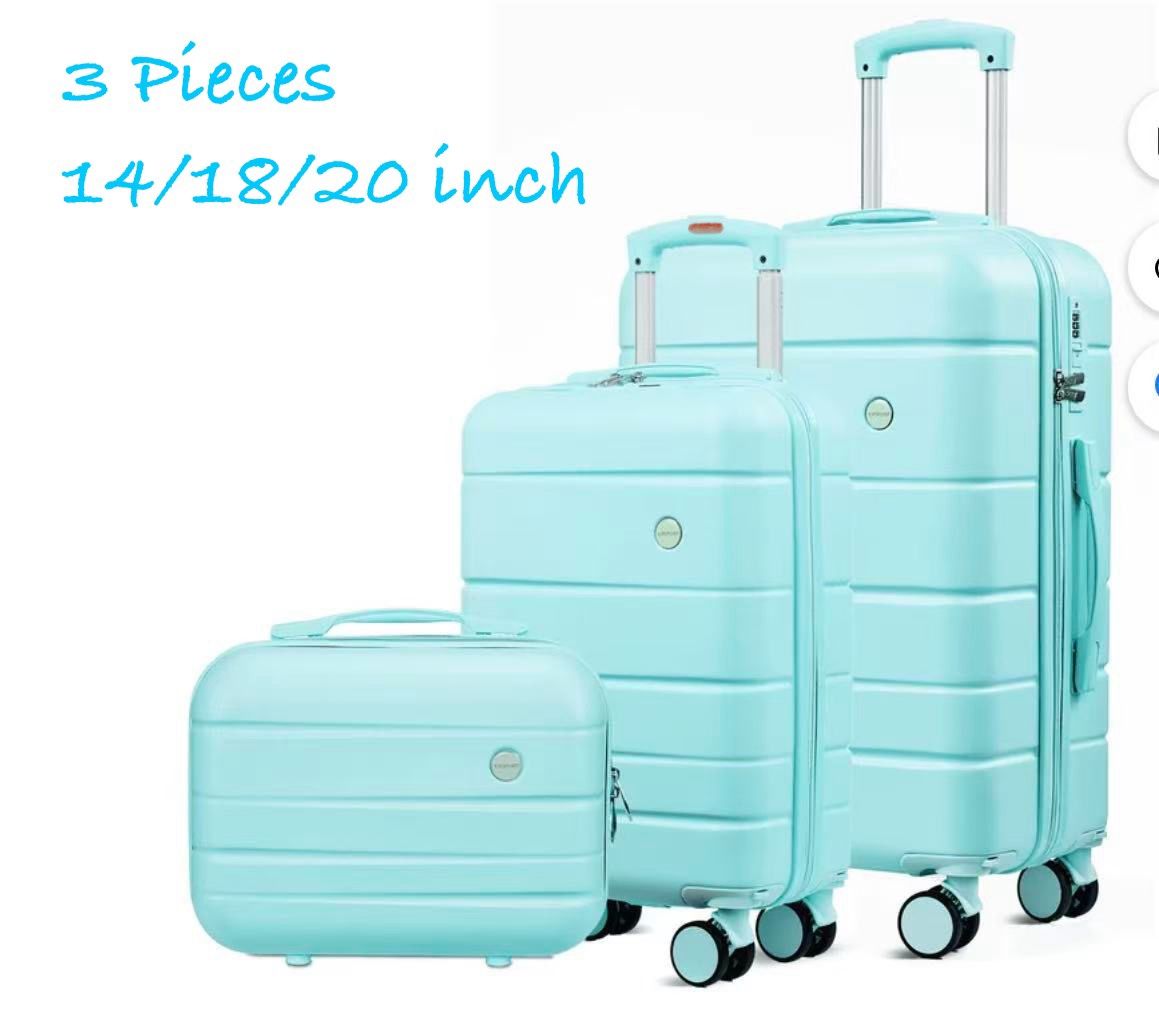 🥨3 Piece Suitcase Set 14/18/20 inch Hardside Suitcase with Spinner Wheels Detachable Lightweight Carry on Luggage, Blue,