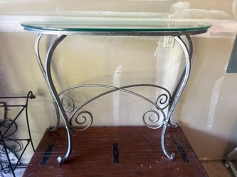 Elegant Glass Side Table – Metal Scroll Base