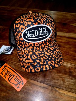 Von Dutch Unisex Trucker Style Snapback Hat with Velvet Orange Leopard Print