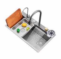 32 in Undermount Kitchen Sink, 304 Stainless Steel Waterfall Sink, Square 5-Hole Sink Workstation, Tabletop Controls With Pull-Out Faucet