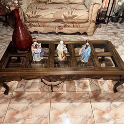 Traditional Carved Wood Coffee Table with 6-Pane Inset Glass Top