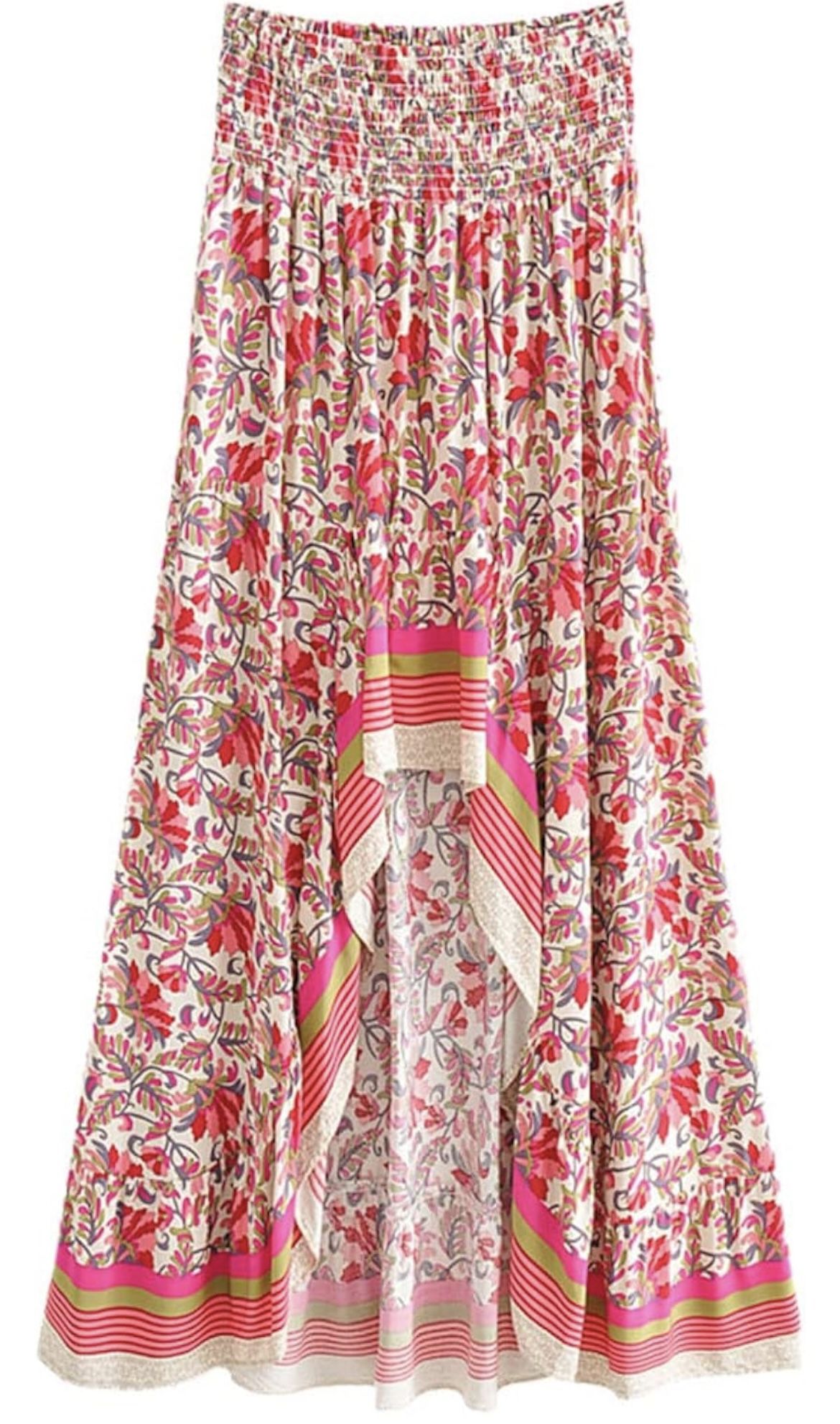 Women Ethnic Floral Print Beach Bohemian Long Skirts High Elastic Waist Asmmetrical Maxi Skirt
