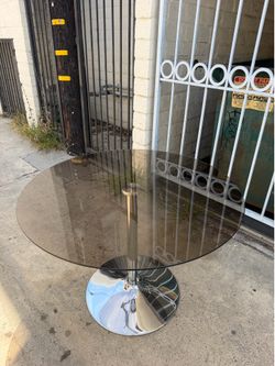 Mid-Century Modern Smoked Glass & Chrome Pedestal Dining Table