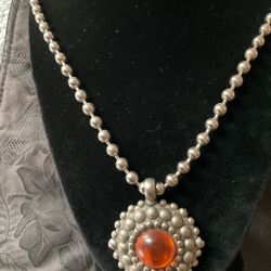 Vintage 30”Silver Necklace And Solid Pewter Pendant With Amber Colored Stone 