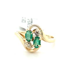 14kt Gold Ring Diamond Ring 2 Oval Emerald Stones 2 Diamonds Size 5 1/2 152153 1