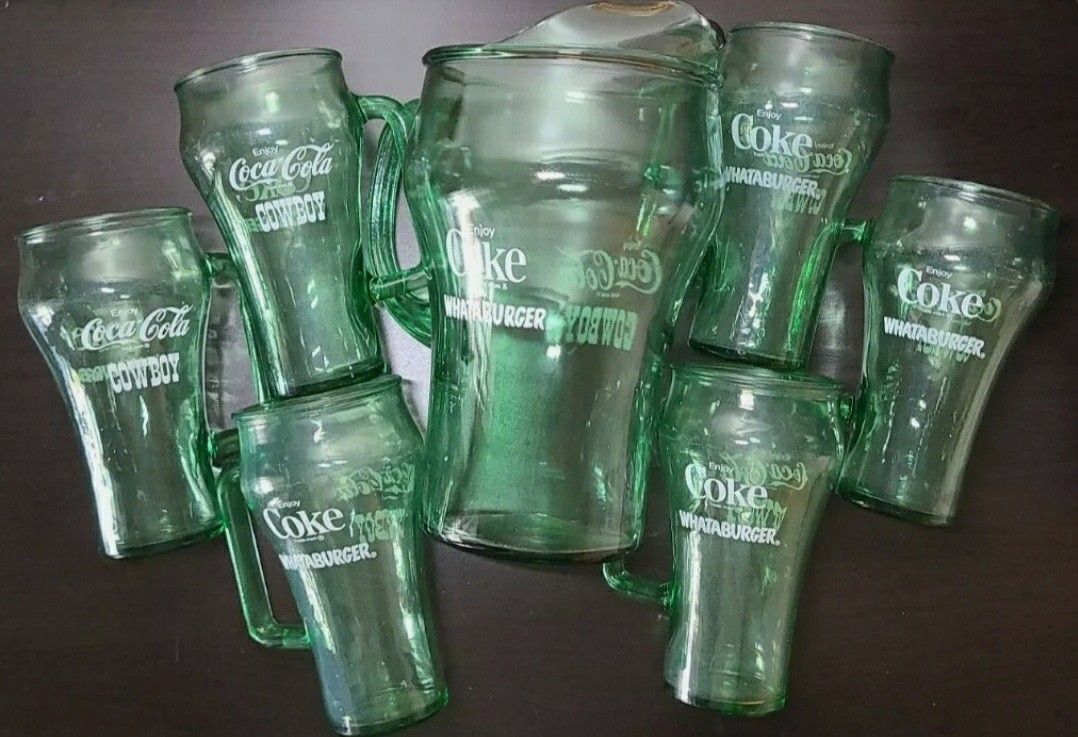 Vintage Whataburger Coca-Cola Cowboy Green Glass Pitcher & Glasses Set.