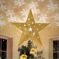 Gold Christmas Tree Star Topper with Lights, 8.5-Inch Light-Up Christmas Tree Topper with Remote Control, 4 Brightness Levels & 8 Light Modes, Faux Me