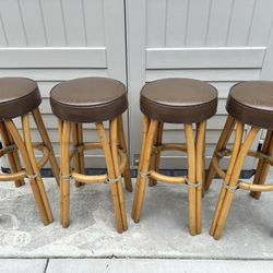 Vintage Tiki Stools With Leather Cushion