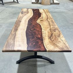 🍷 Live Edge Dining Table – Beech Wood with Deep Maroon Epoxy | Handcrafted Luxury