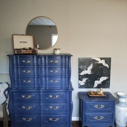 Blue 1950s Kent Coffey French Provincial High Dresser Furniture