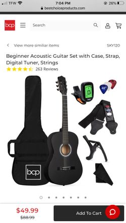 Beginner Acoustic Guitar Set with Case, Strap, Digital Tuner, Strings