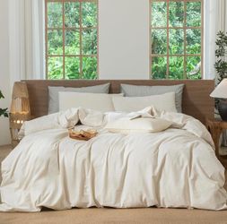MooMee Striped Duvet Cover Set 100% Washed Cotton Linen Like King Relaxed Linen-like Texture. Soft, Breathable & Long-lasting Comfort. Lightweight. Hi