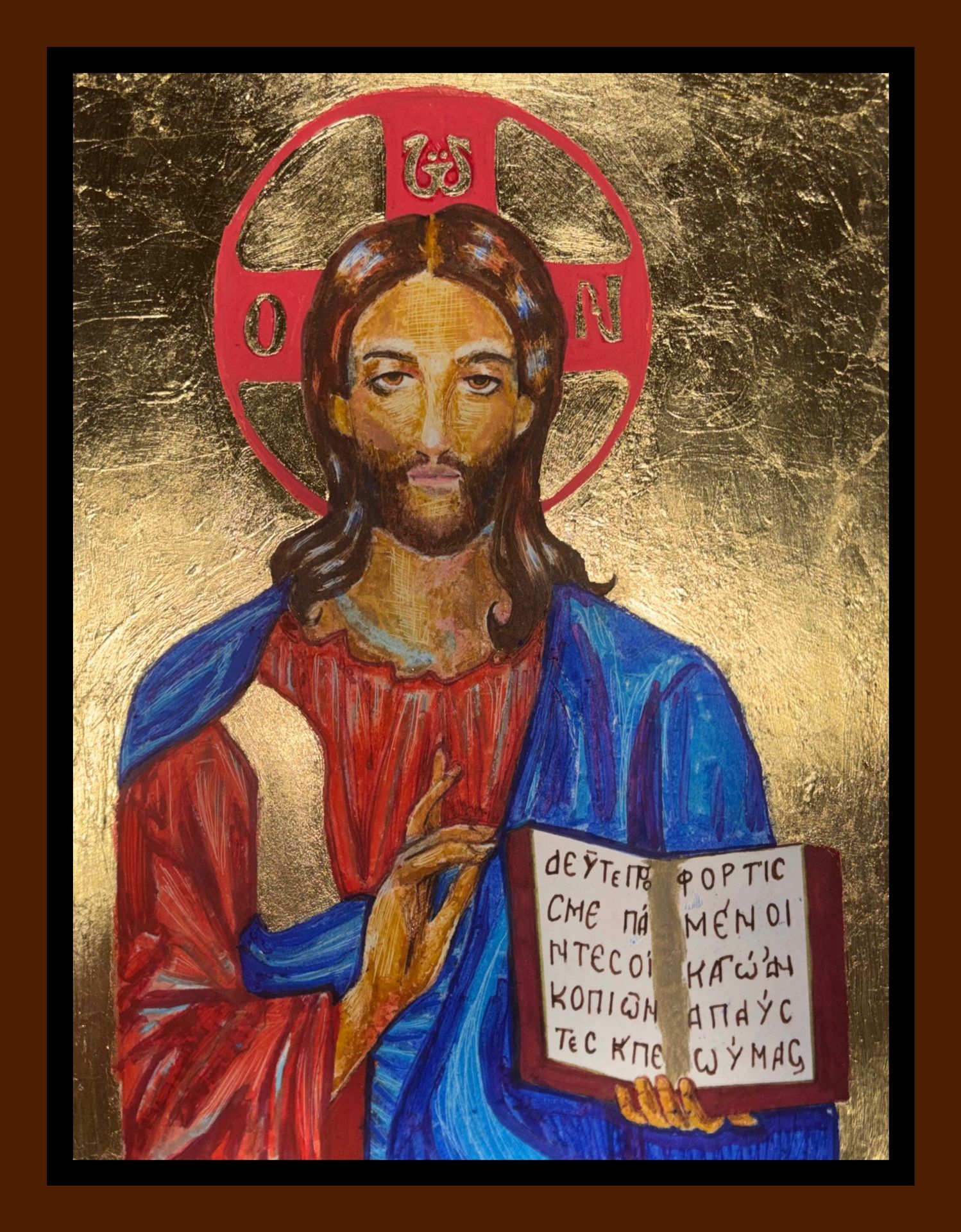 The Pantocrator Jesus Icon, Mixed Media made by me, size 8x11in, Orthodox Icon, custom Walnut wood frame.