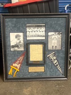 custom-framed 1937 New York Yankees World Champions memorabilia display.