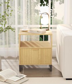 New Night Stand with Charging Station, Wood Nightstand with Large Drawer and Open Storage Cabinet, Mid-Century Modern Bedside Table End Table for Bedr