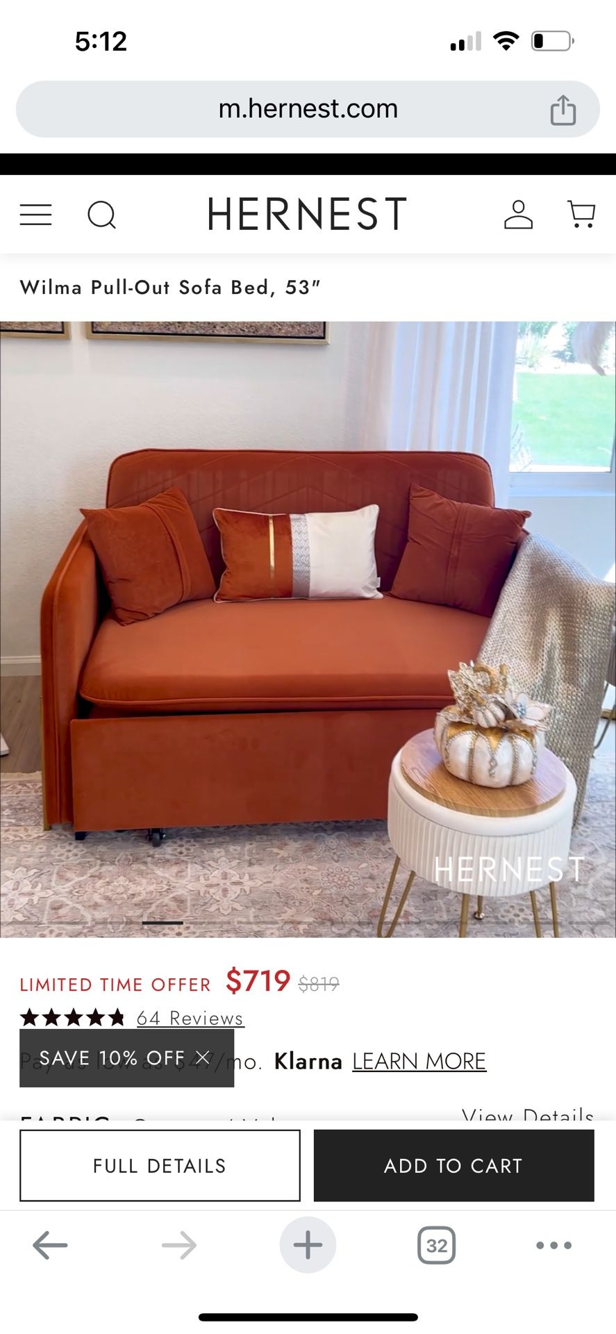 Midcentury modern Convertible Sofa Bed Orange Velvet