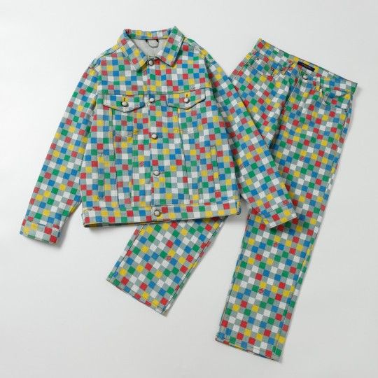 Louis Vuitton's new limited edition Pharrell co-branded colorful cube checkered checkered patchwork denim jacket and jeans set XL