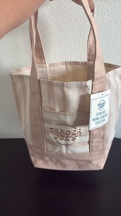 Trader Joes TAN Striped Mini Canvas Tote Bag Rare NWT 2026
