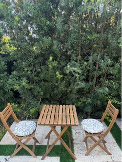 Folding Wooden Bistro Patio Set – 2 Chairs, Square Table & Cushions – Outdoor Garden Furniture