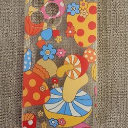 Clear iphone 13 pro max case with a psychedelic retro mushroom and flower design