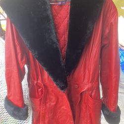 Beautiful Red Leather Jacket With Hood Like New 