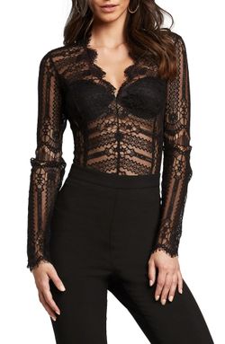 🖤 Bardot Annika Black Lace Bodysuit | Sheer V-Neck Long Sleeve Eyelash Lace