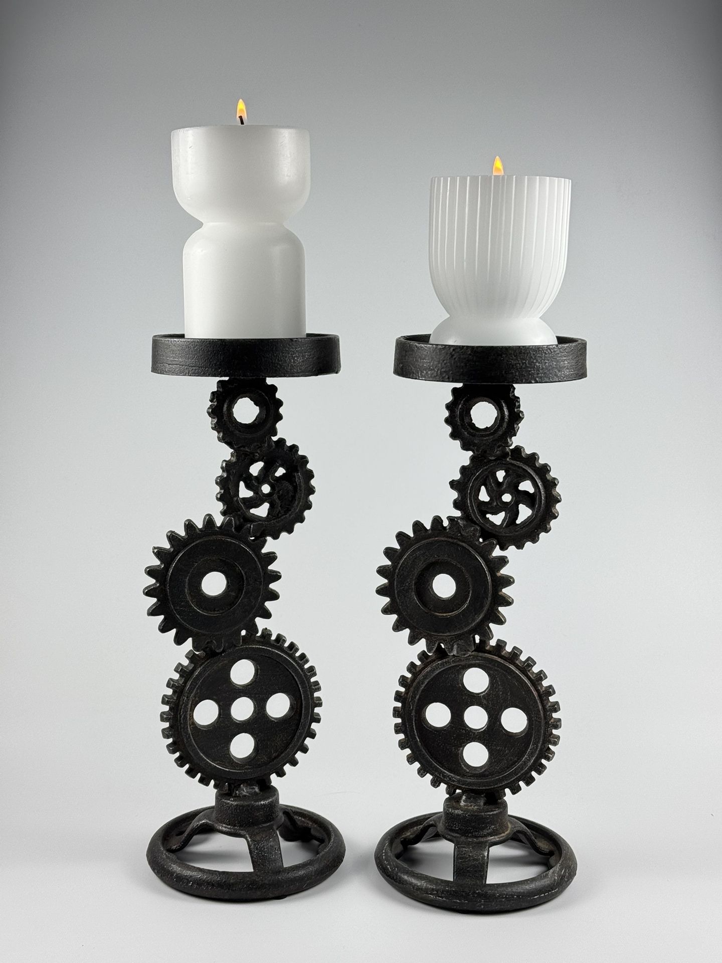 Vintage Heavy Cast Iron Cog Wheel Gear Industrial Pillar Candle Holders Set 12”H