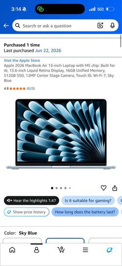 Apple 2026 MacBook Air 13-inch Laptop with M5. MDHH4LL/A
