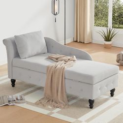Chaise Lounge Indoor with Storage, Modern Nailhead-Trimmed Tufted Lounge Chair, Upholstered Chaise Lounges Couch with Pillow for Living Room, Bedroom,