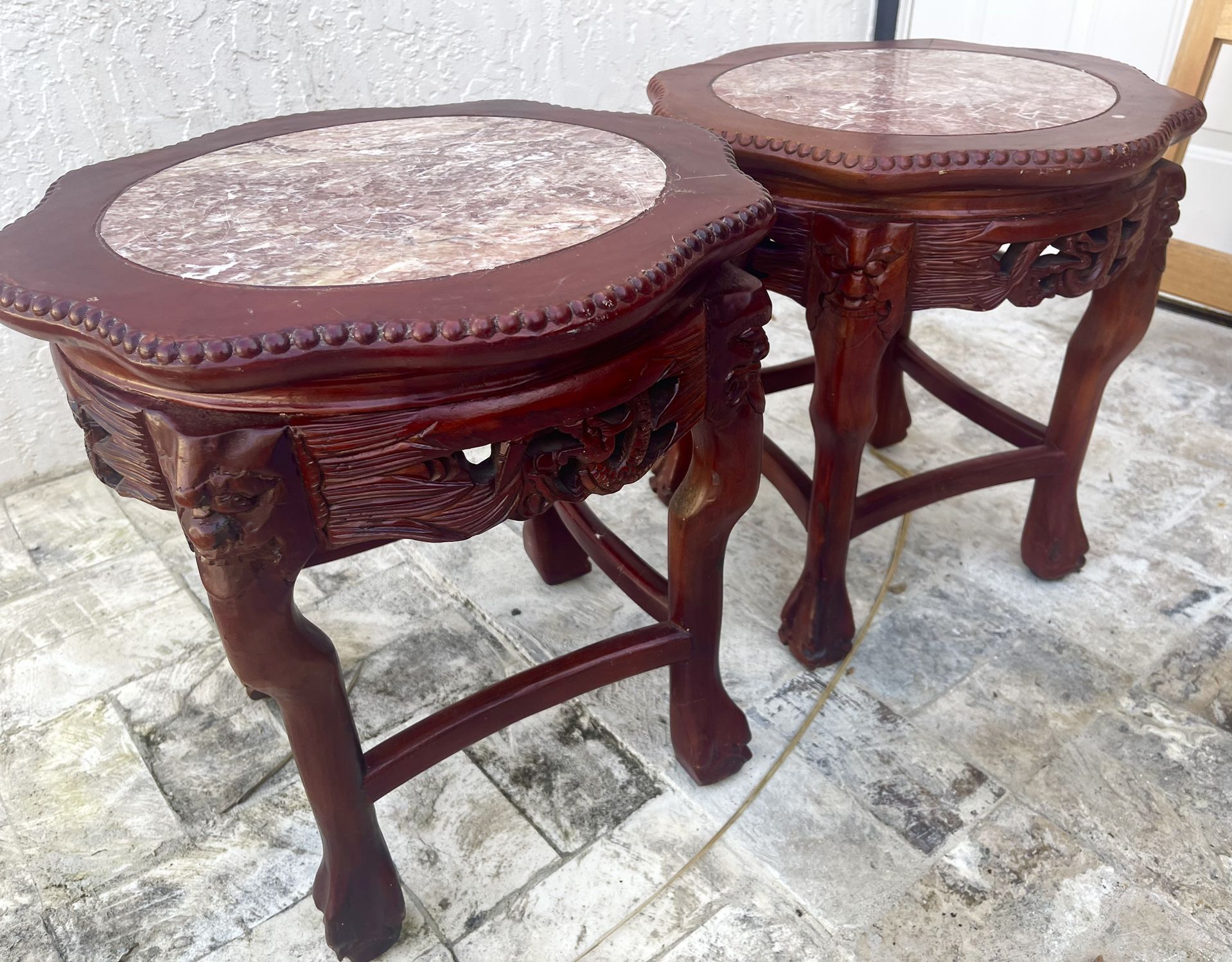 2 Antique Carved Wood Side Tables