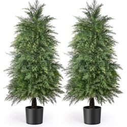 2 Pack 4ft Artificial Cedar Topiary Trees for Outdoor Front Porch Décor, UV Rated Fake Potted Plants for Indoor and Outdoor Use