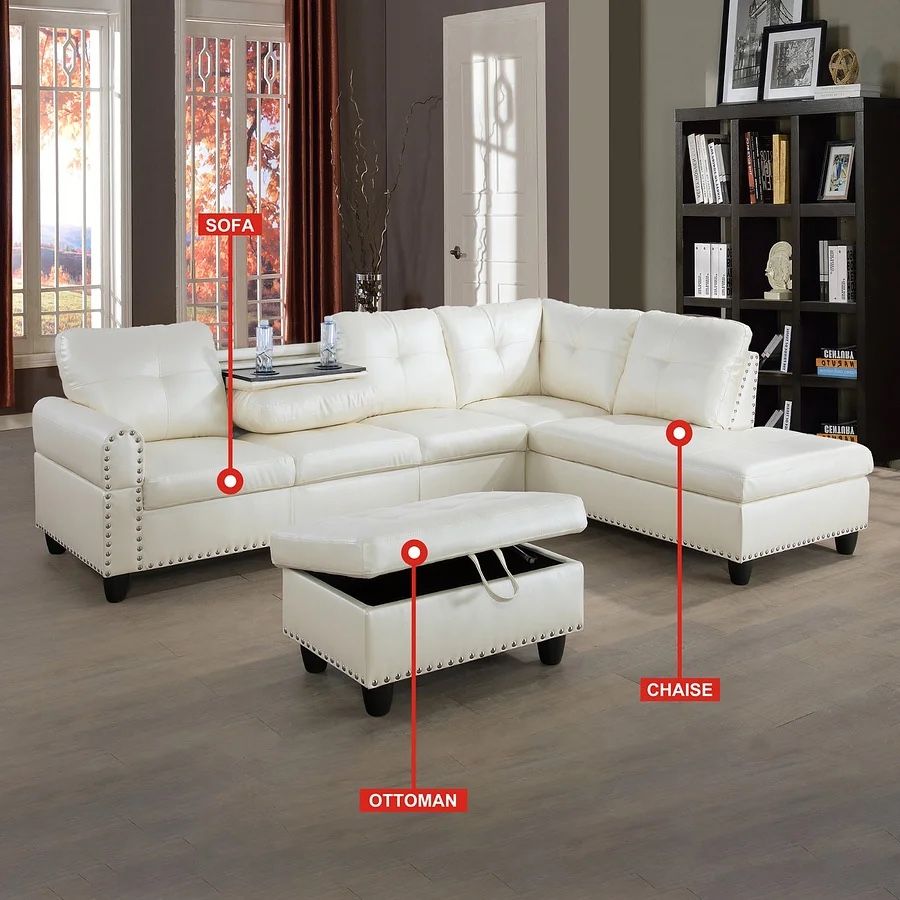 White Leather Sectional Couch With Ottoman