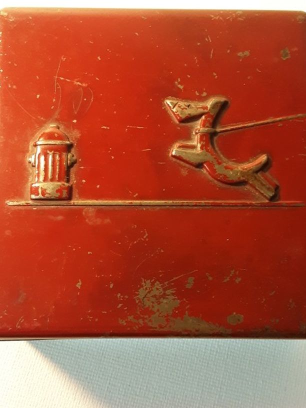 Red Tin Box With Fire Hydrant And Scotty Dog On Leash