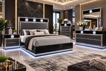 Modern Black Bedroom Set with LED Lighting