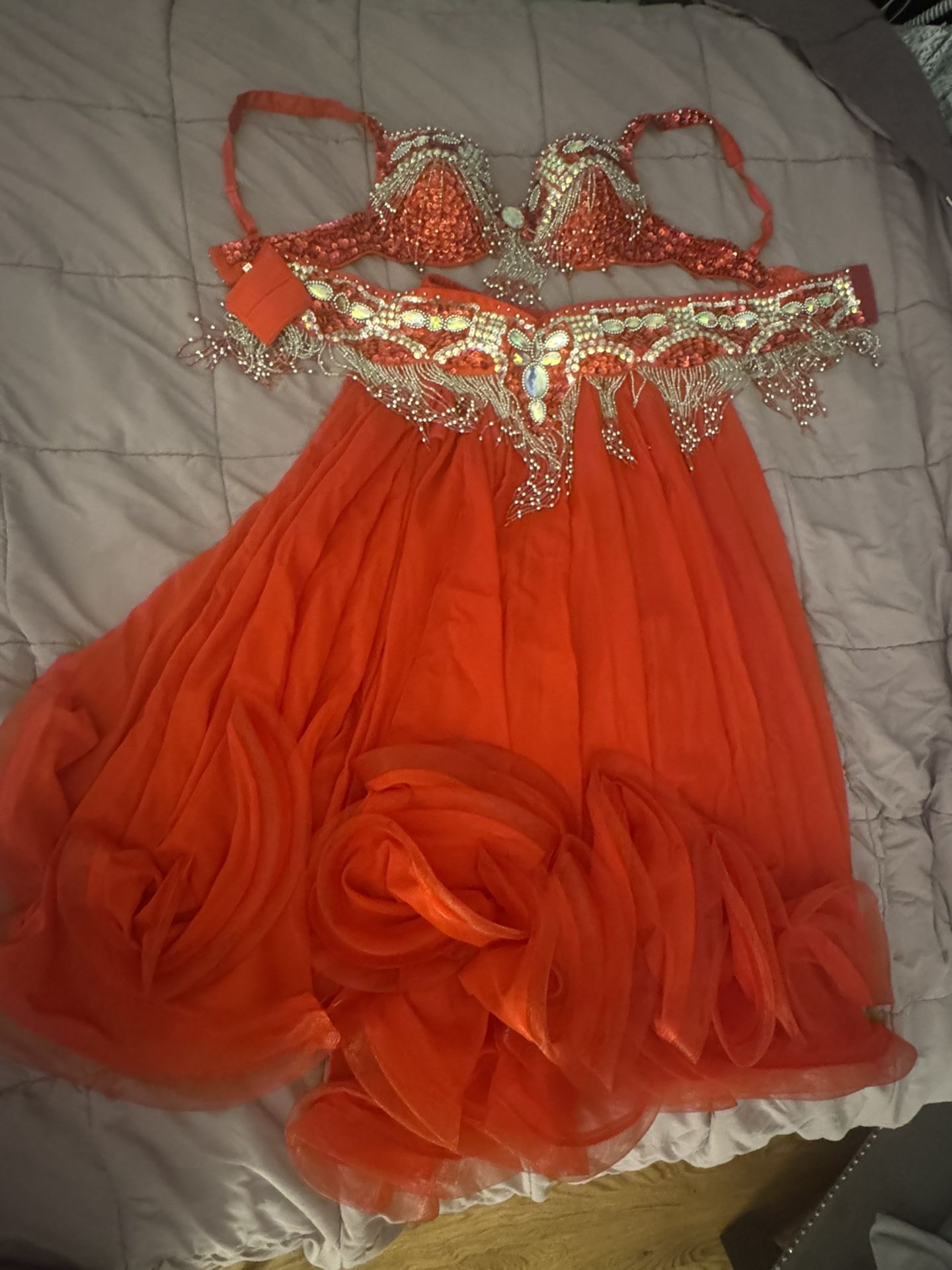 Hand Beaded Belly Dance Samba Costume red bra+ belt +skirt