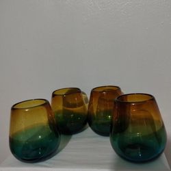 HAND BLOWN GLASS - RECYCLED GLASS STEMLESS WINE GLASS SET OF 4
