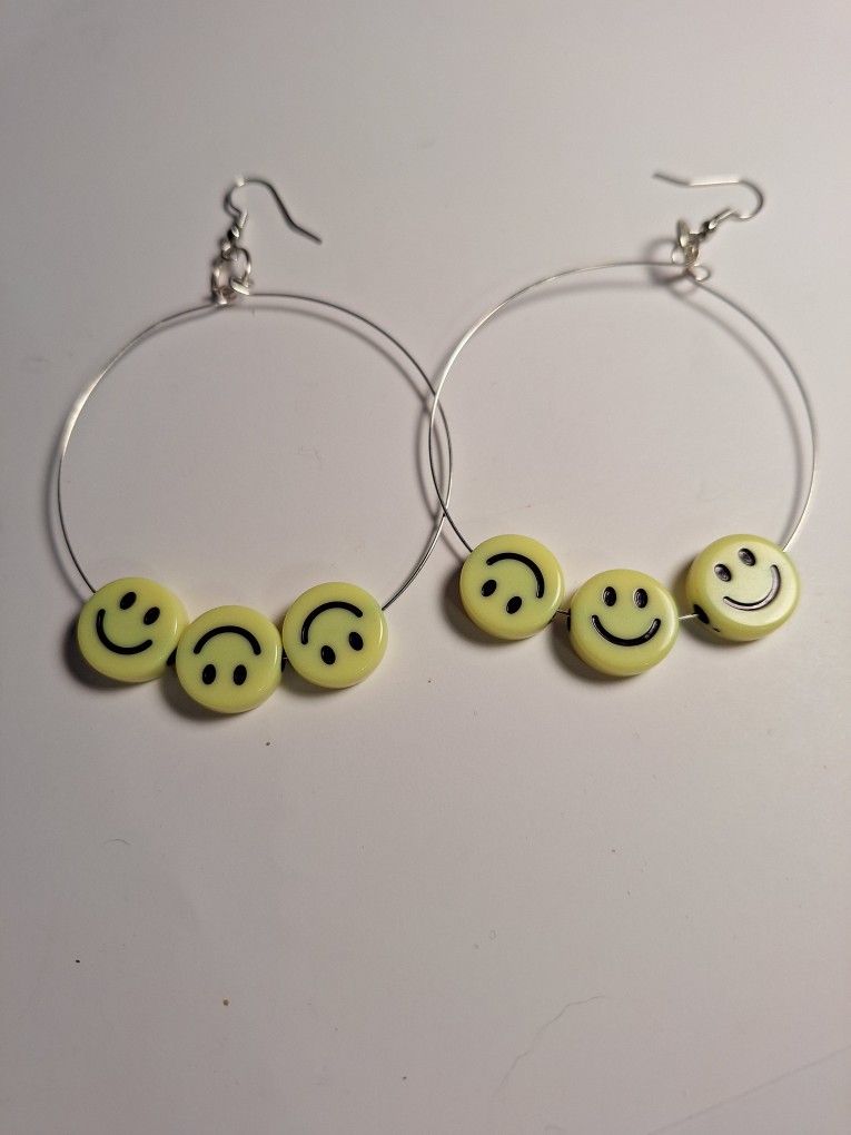 Handmade Smiling Emoji Bead Silver Hoop Earrings