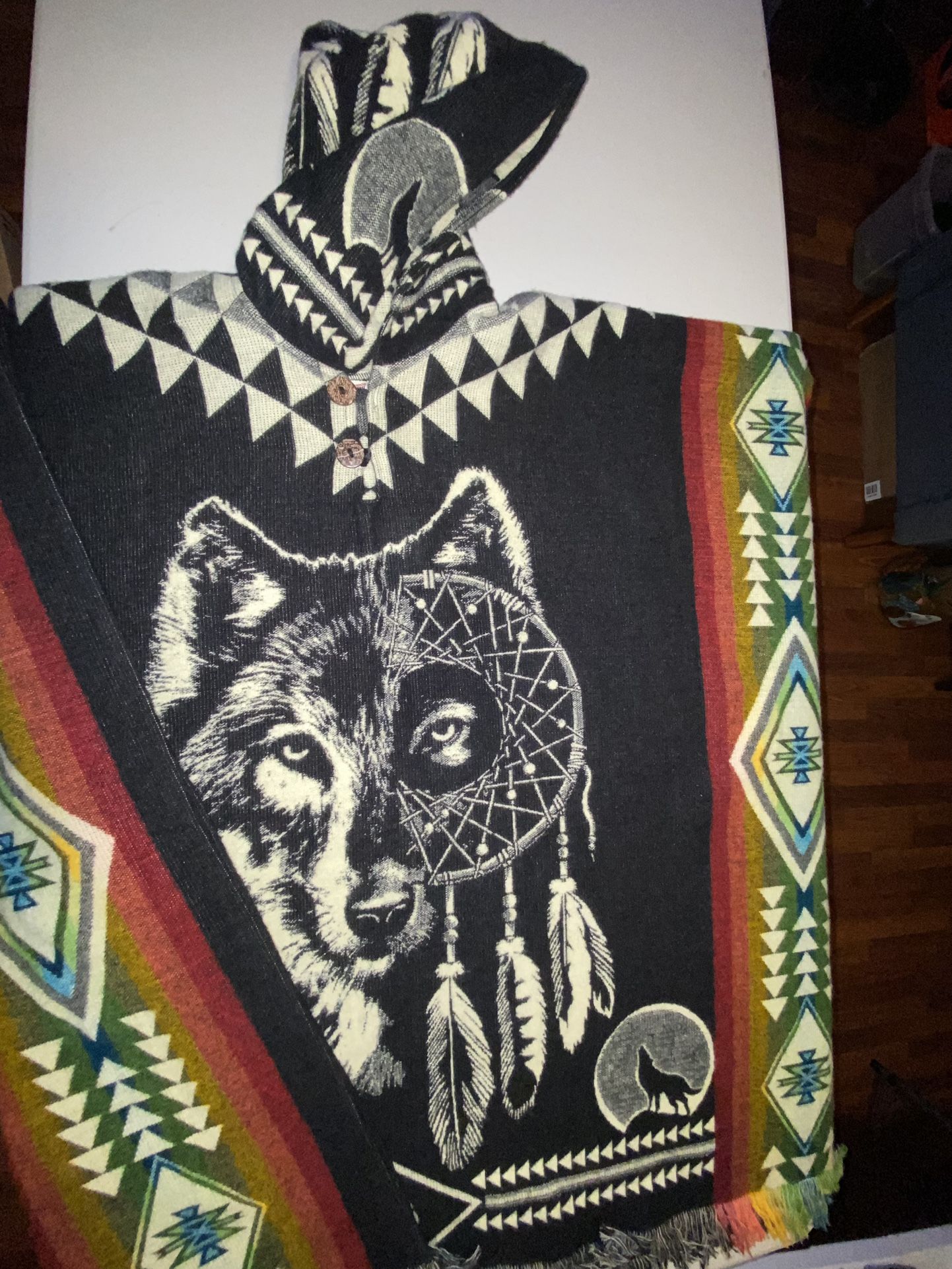 WOLF Handwoven Ecuadorian Alpaca Wool Ponchos Native Tejidos Caymi hooded New