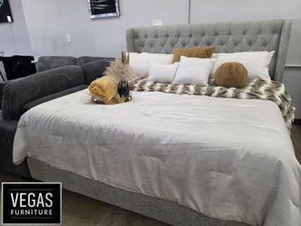 Grey Upholstered-Tufted-Wingback-Bed-Frame